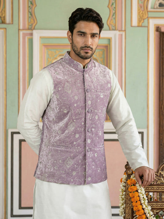 Velvet Embroidered Nehru Jacket Kurta Set ( ANMKPWC 636W 7030Purple )