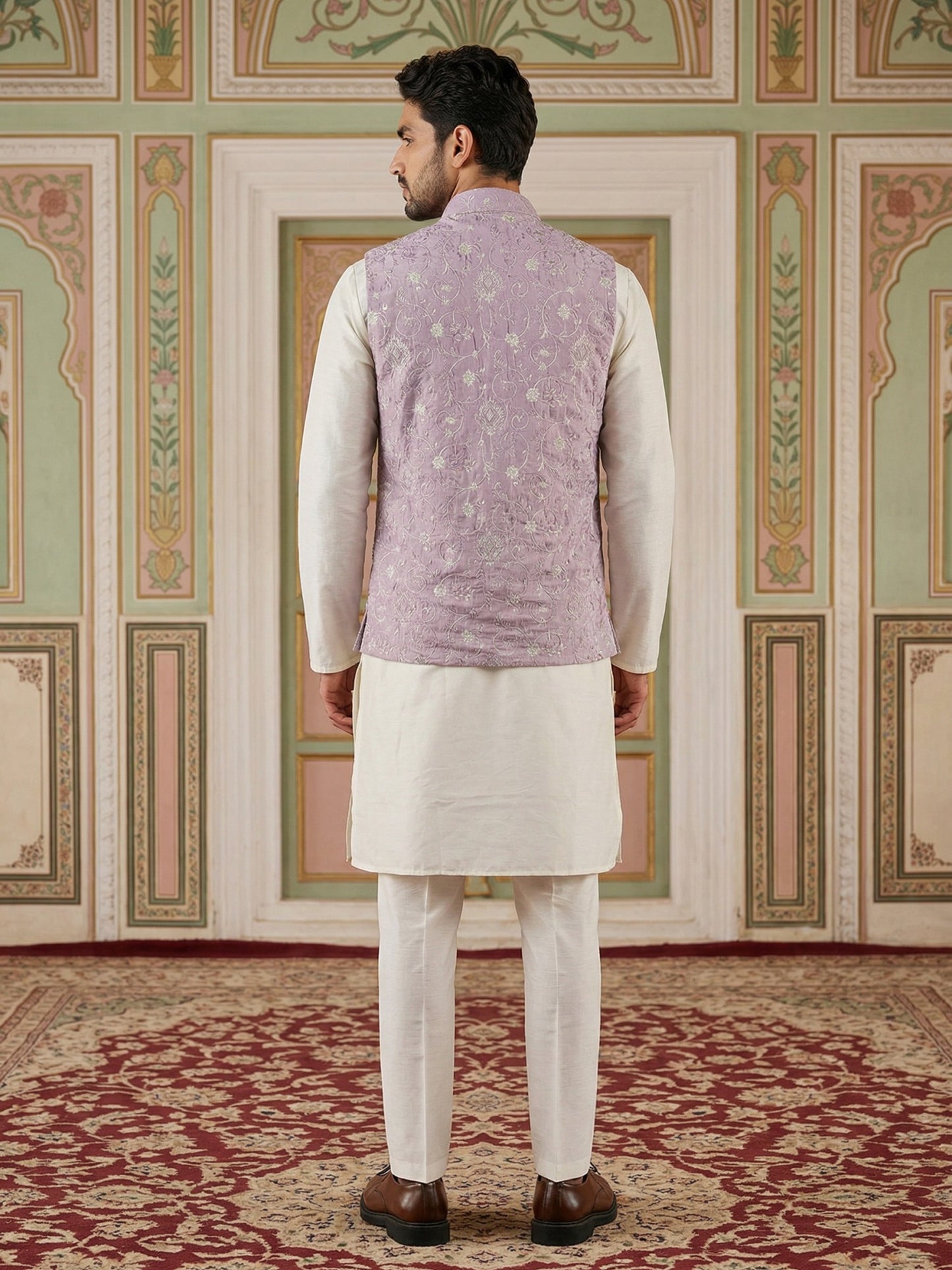 Velvet Embroidered Nehru Jacket Kurta Set ( ANMKPWC 636W 7030Purple )