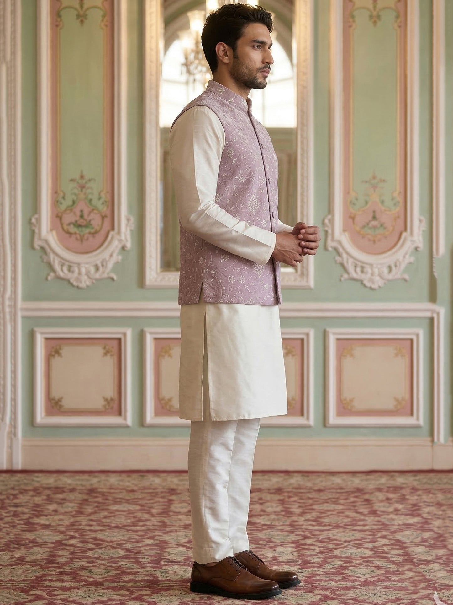 Velvet Embroidered Nehru Jacket Kurta Set ( ANMKPWC 636W 7030Purple )