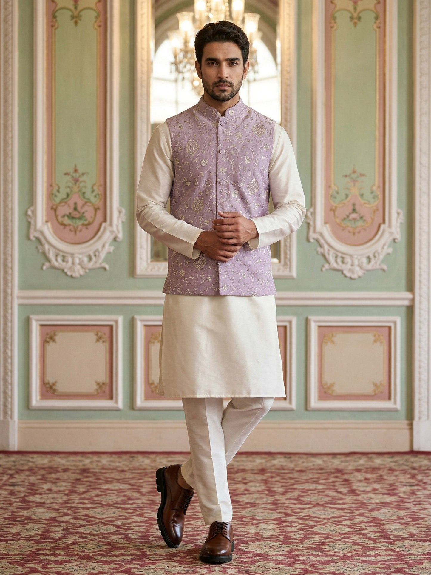 Velvet Embroidered Nehru Jacket Kurta Set ( ANMKPWC 636W 7030Purple )