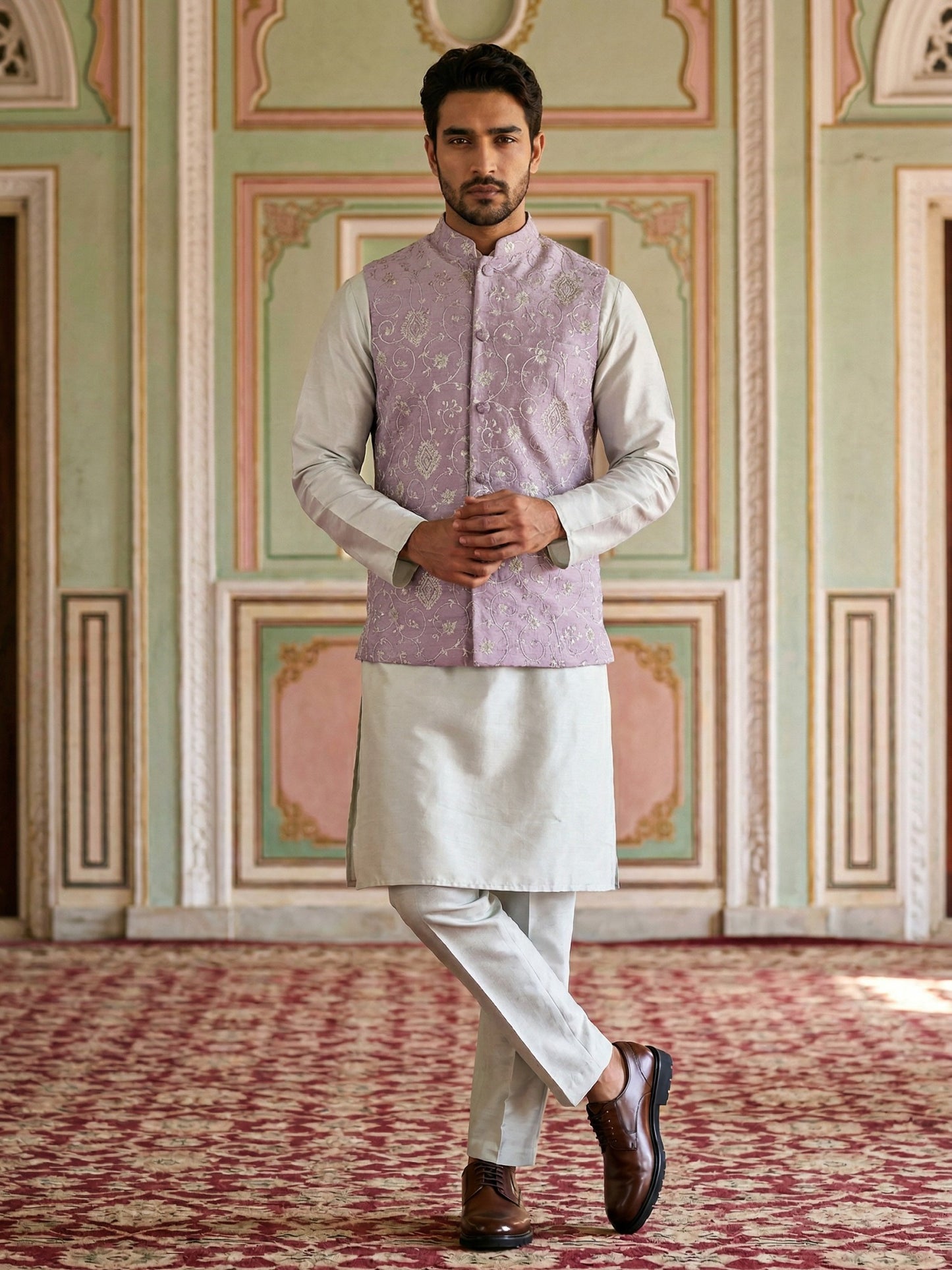 Velvet Embroidered Nehru Jacket Kurta Set ( ANMKPWC 636W 7030Purple )