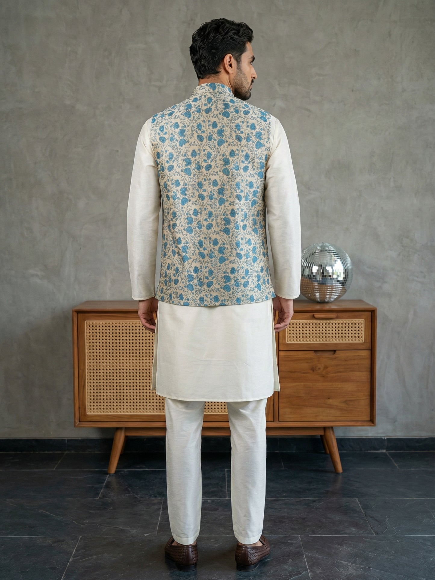 Floral Printed Nehru Jacket Kurta Set ( ANMKPWC 636W 7031Blue )