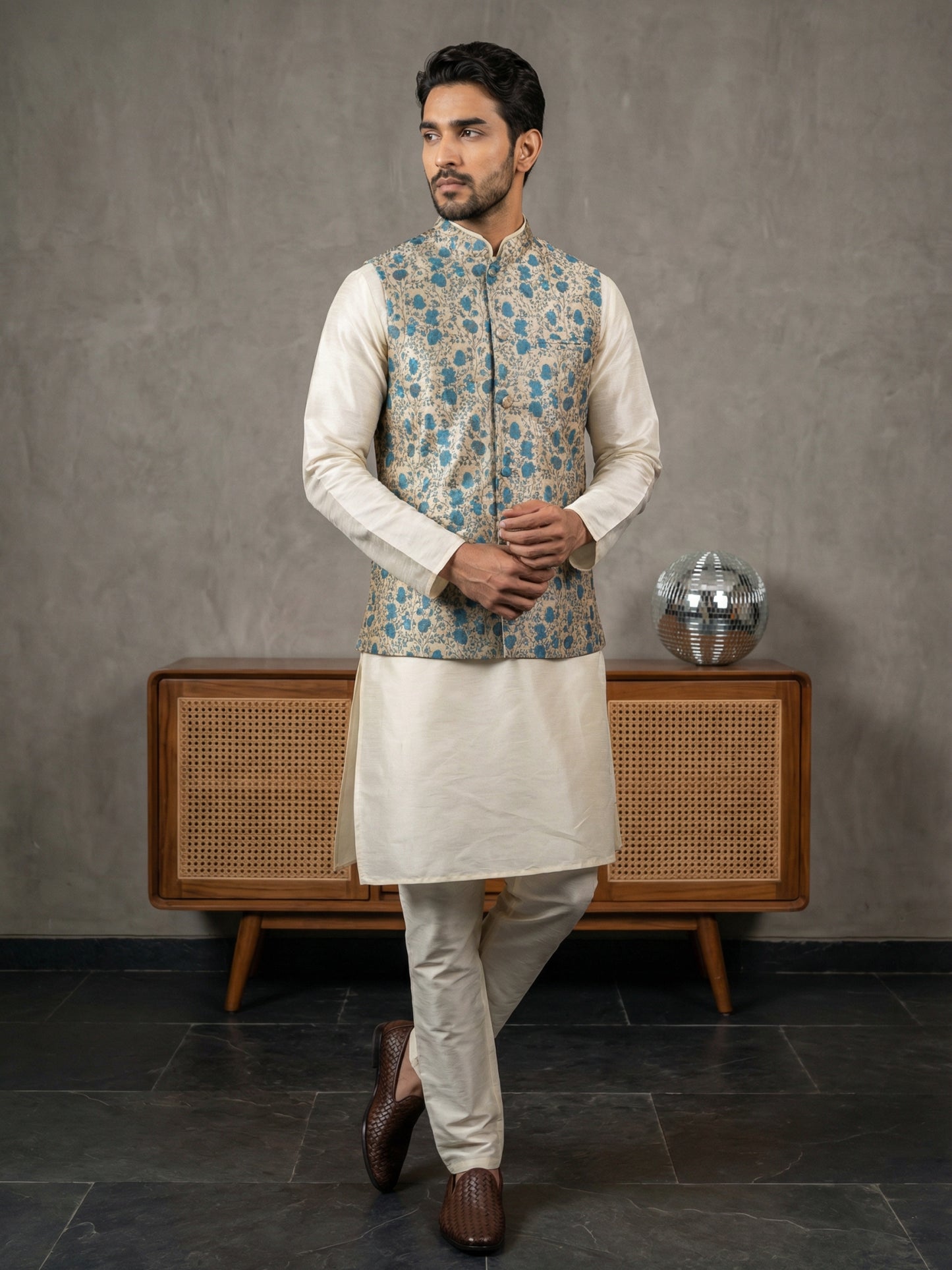 Floral Printed Nehru Jacket Kurta Set ( ANMKPWC 636W 7031Blue )