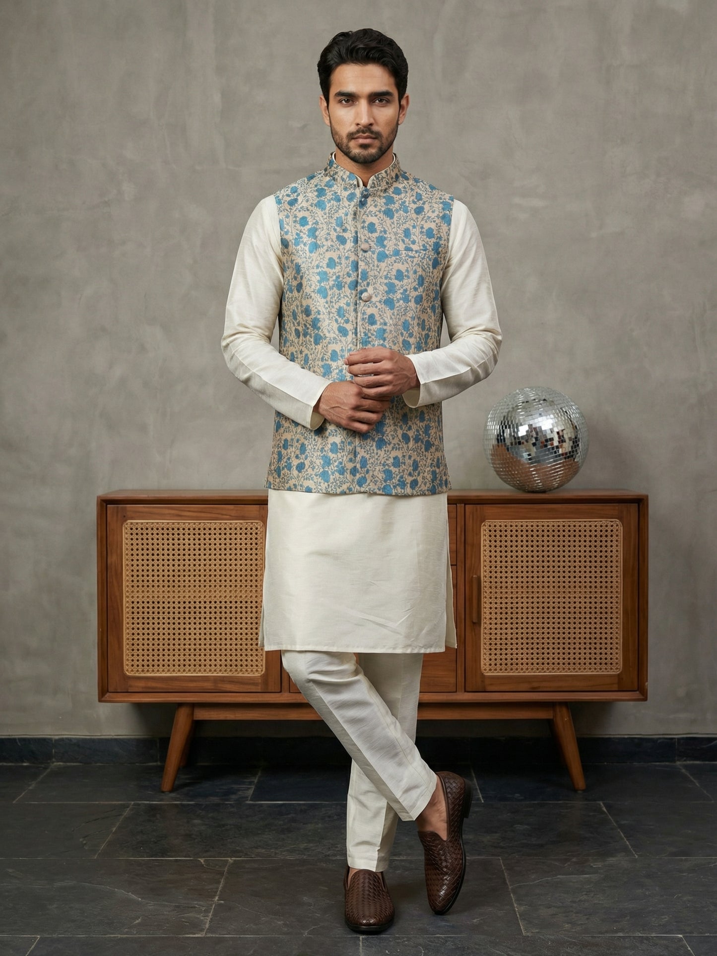 Floral Printed Nehru Jacket Kurta Set ( ANMKPWC 636W 7031Blue )