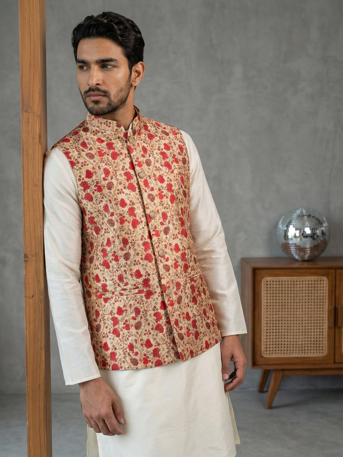 Floral Printed Nehru Jacket Kurta Set ( ANMKPWC 636W 7031Red )