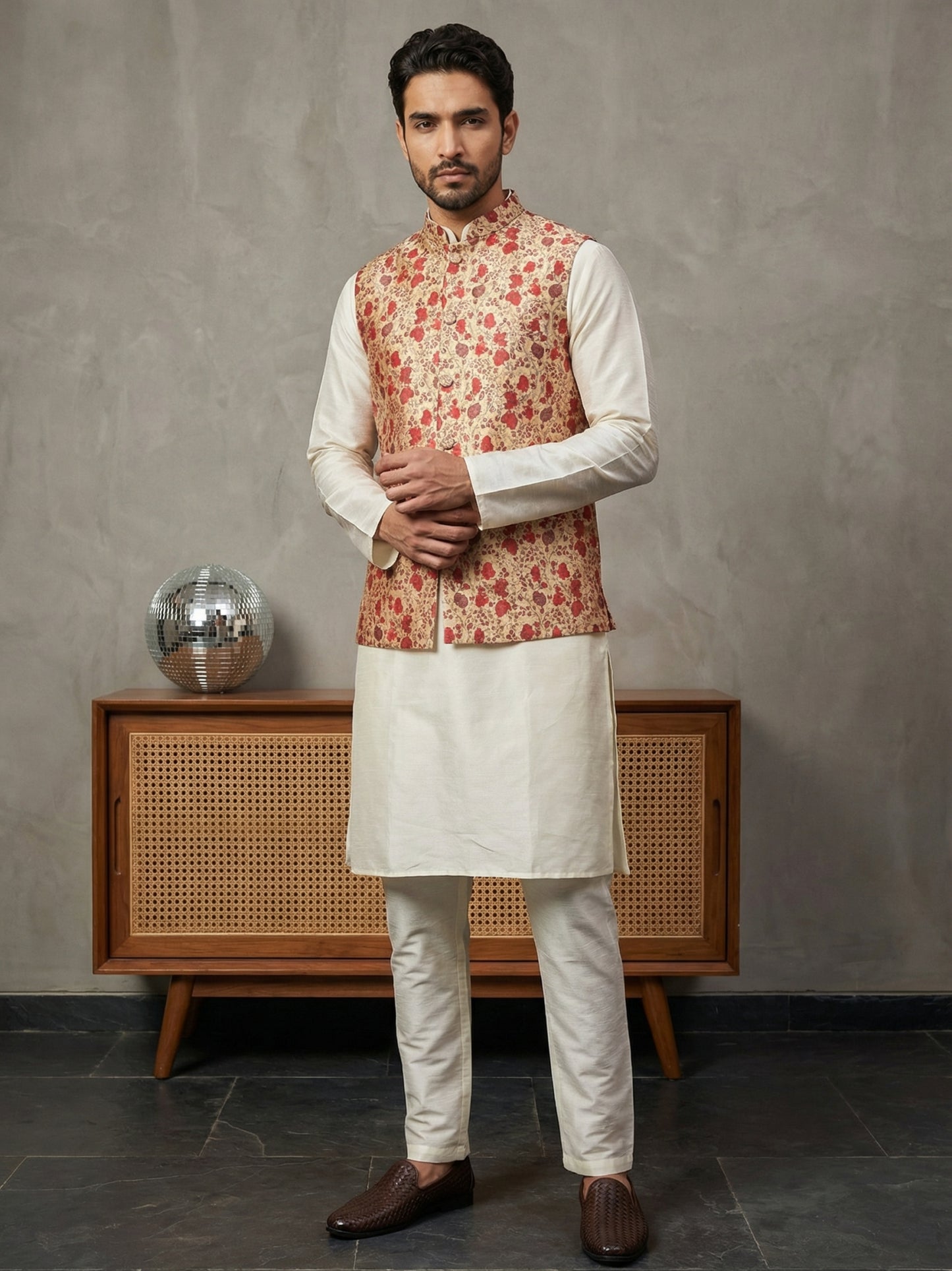 Floral Printed Nehru Jacket Kurta Set ( ANMKPWC 636W 7031Red )