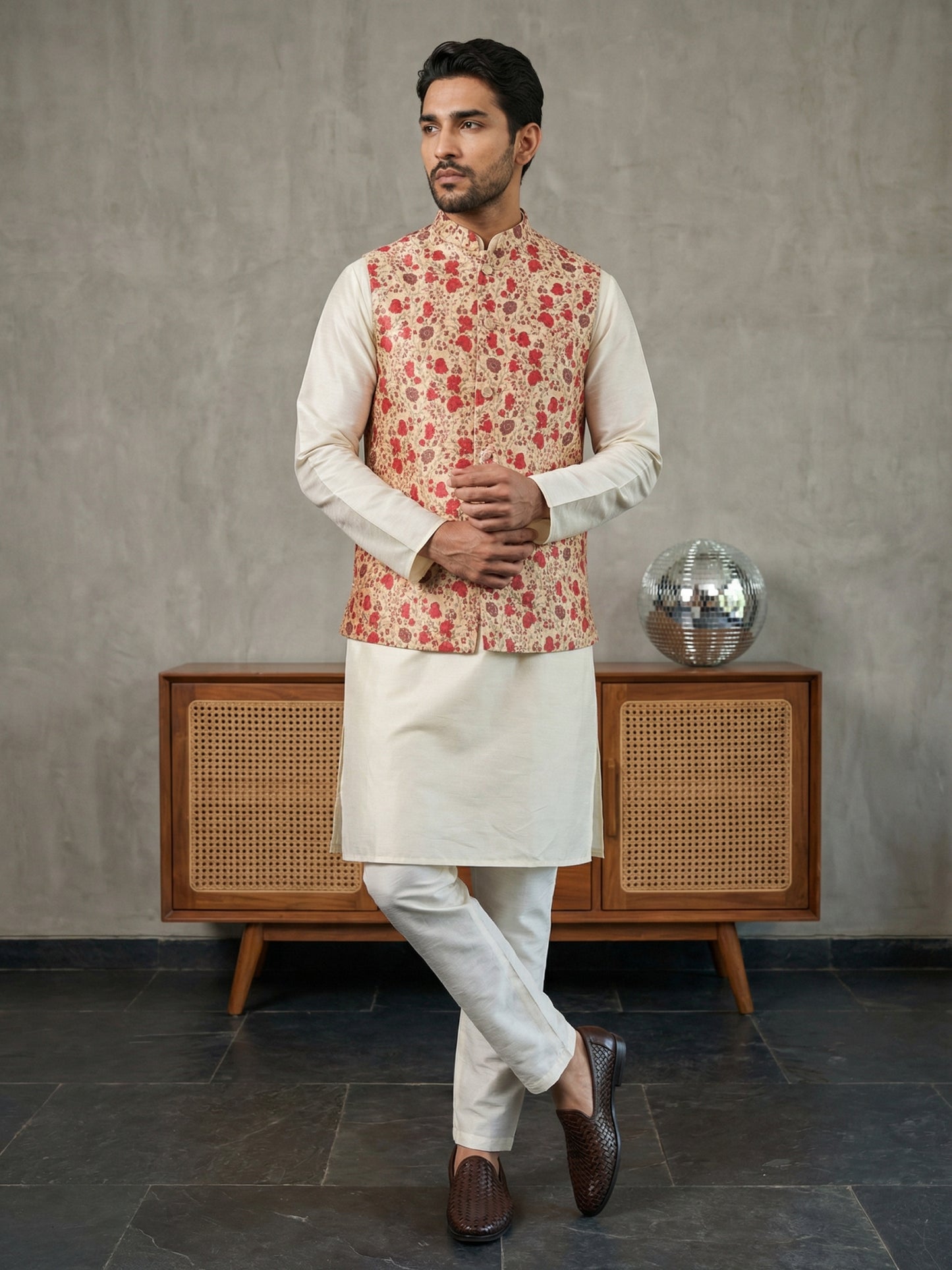 Floral Printed Nehru Jacket Kurta Set ( ANMKPWC 636W 7031Red )