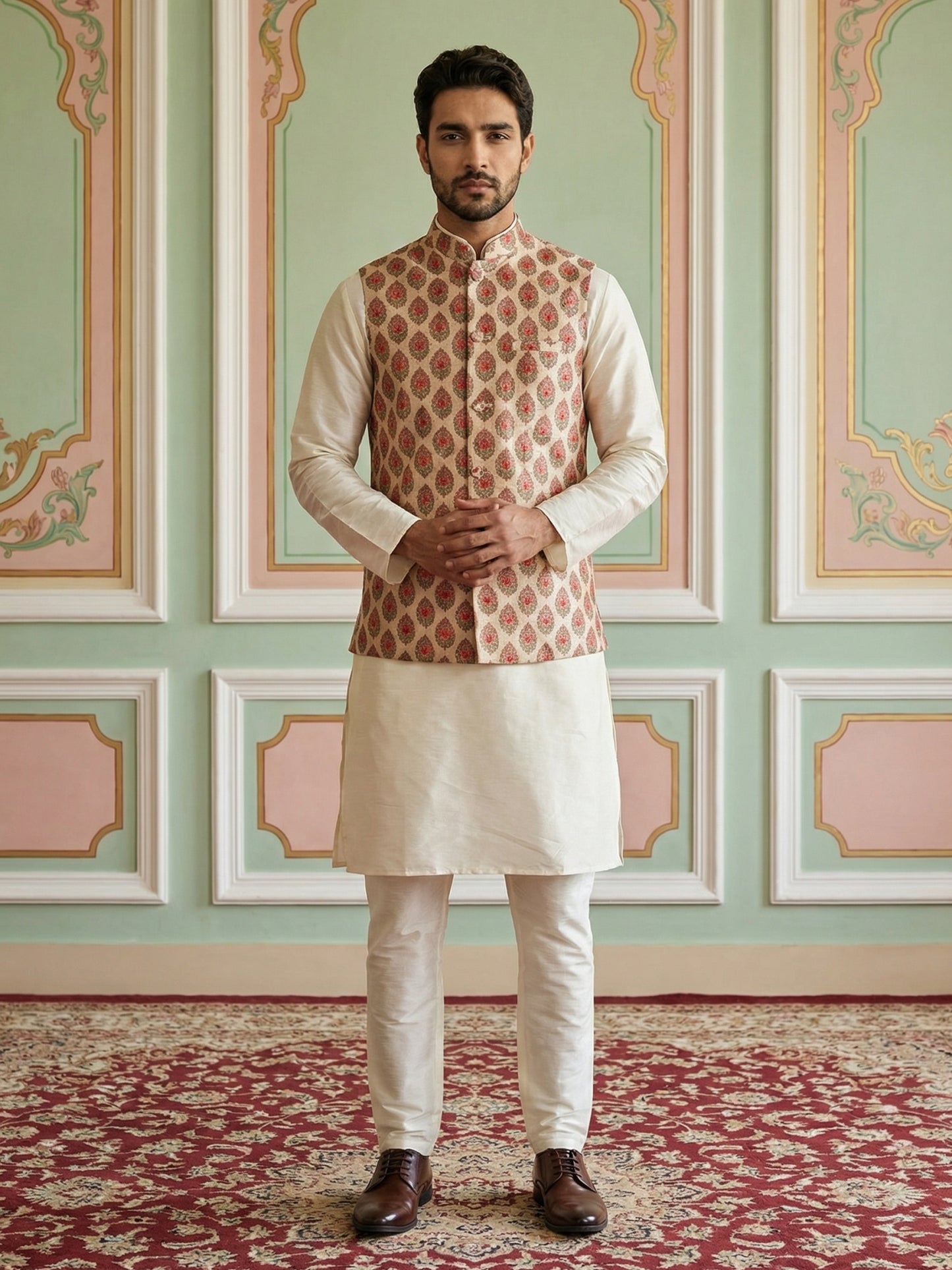 Floral Printed Nehru Jacket Kurta Set ( ANMKPWC 636W 7032Red )