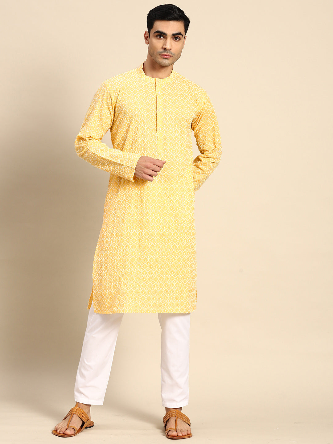 Men's Yellow Embroidered Cotton Blend Kurtas ( ANMKO 103Yellow )  [RT] [N-1]