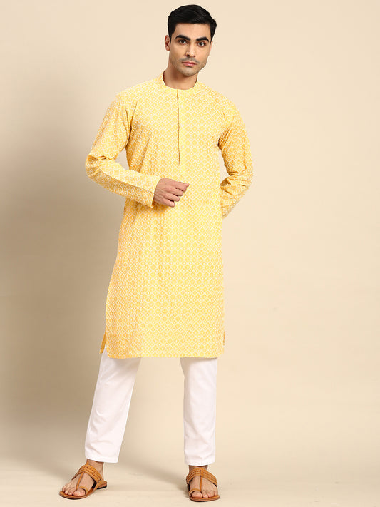 Men's Yellow Embroidered Cotton Blend Kurtas ( ANMKO 103Yellow )  [RT] [N-1]