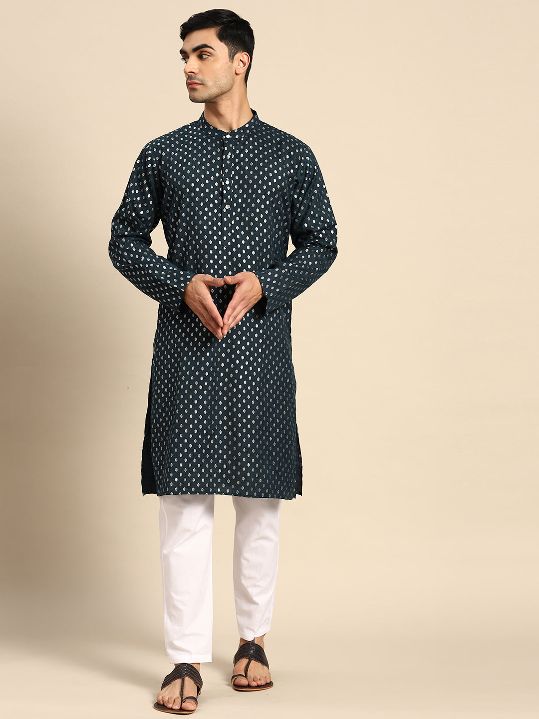 Men's Teal Blue Printed Cotton Blend Kurtas ( ANMKO 104Teal )