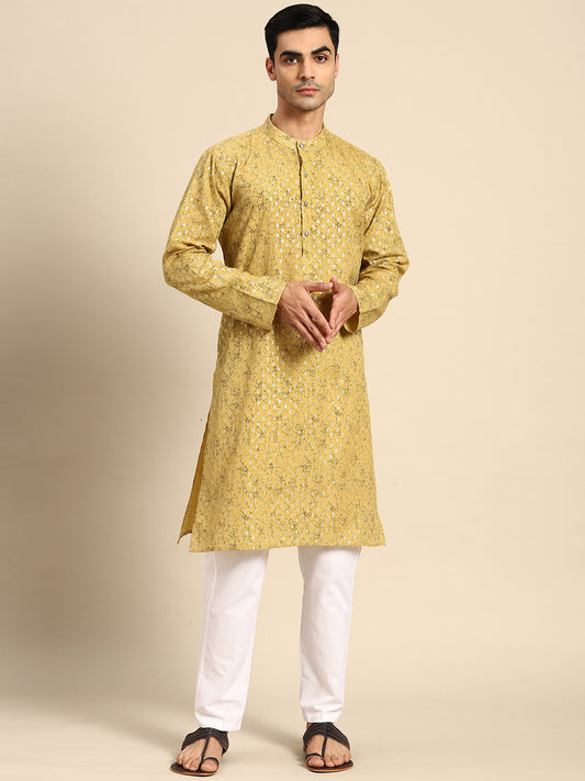Men's Yellow Printed Cotton Blend Kurtas ( ANMKO 104Yellow )