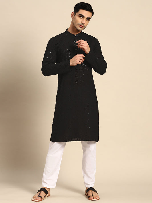 Embroidered With Sequinned Pure Cotton Kurtas ( ANMMKO 105Black )