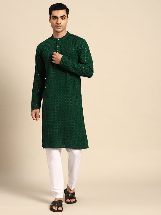 Embroidered With Sequinned Pure Cotton Kurtas ( ANMMKO 105Green )