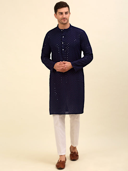 Embroidered With Sequinned Pure Cotton Kurtas ( ANMMKO 105Navy )