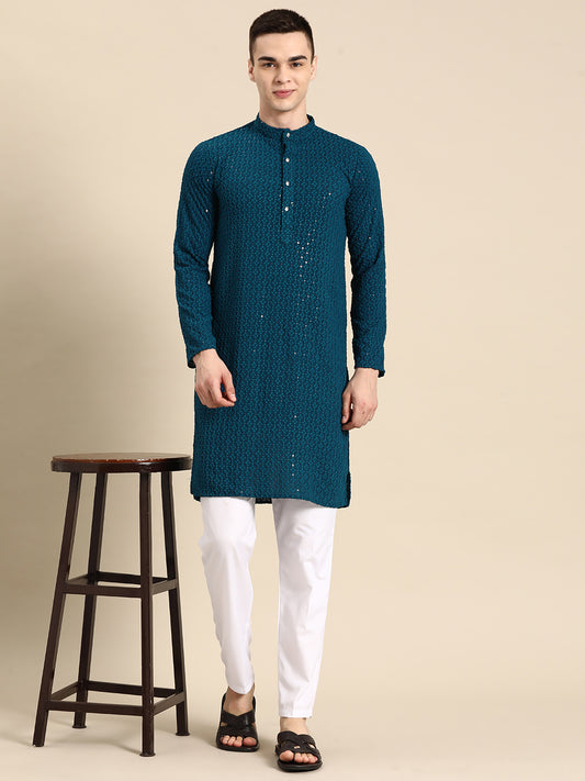 Embroidered With Sequinned Pure Cotton Kurtas ( ANMMKO 105Peacock )
