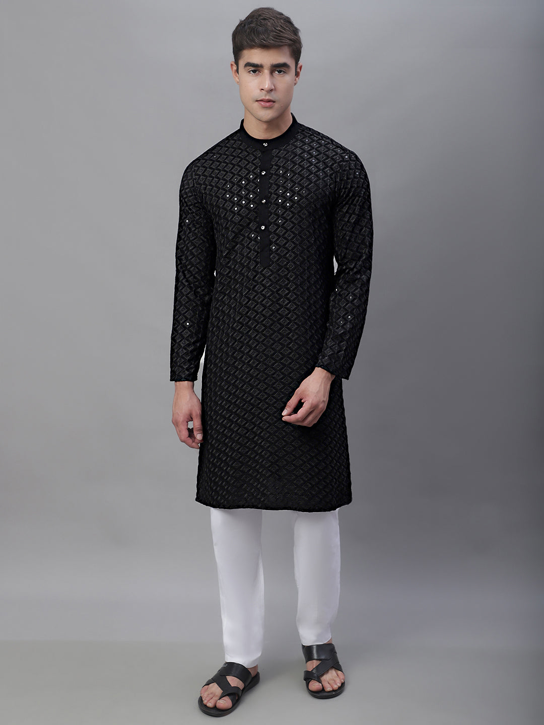 Men's Embroidered & Sequinned Kurtas ( ANMMKKO 109Black )