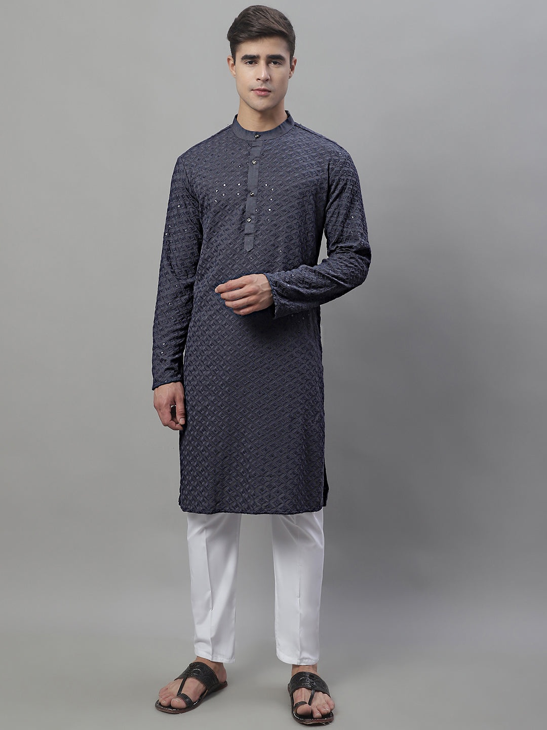 Men's Embroidered & Sequinned Kurtas ( ANMMKKO 109Grey )