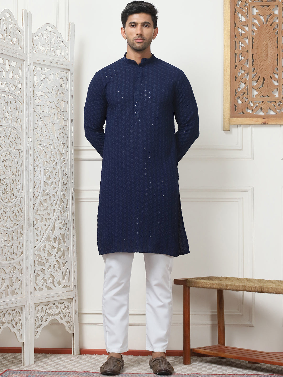 Embroidered Ethnic Kurtas ( RANMKO 109Navy )