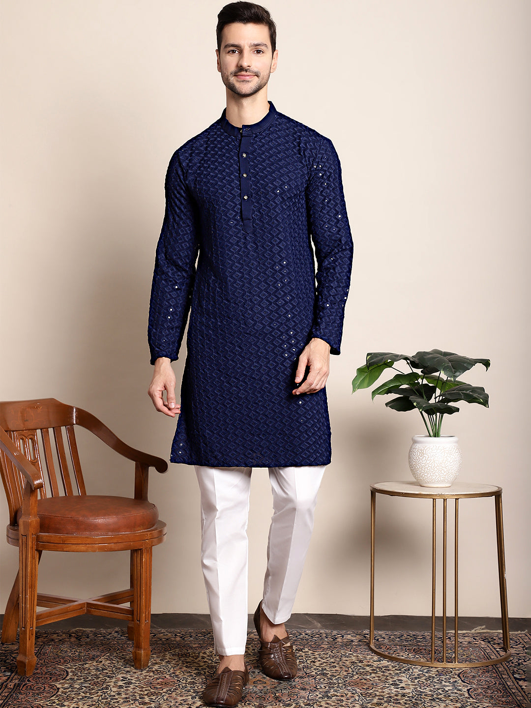 Embroidered Ethnic Kurtas ( RANMKO 109Navy )