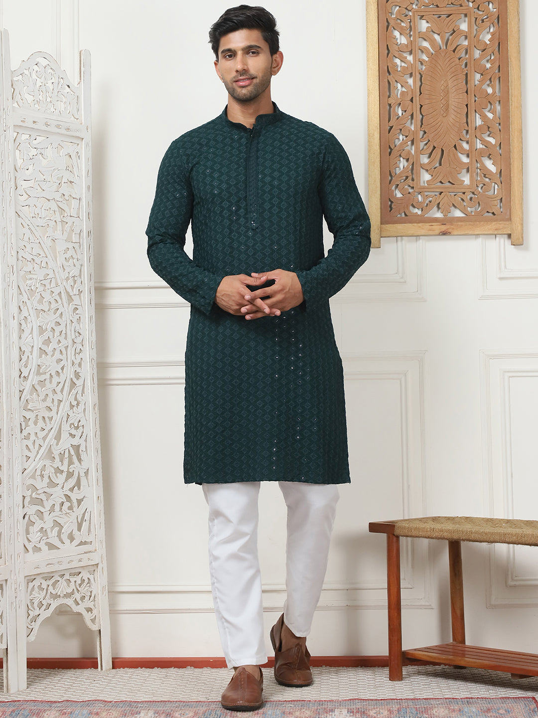 Embroidered Ethnic Kurtas ( RANMKO 109Olive )