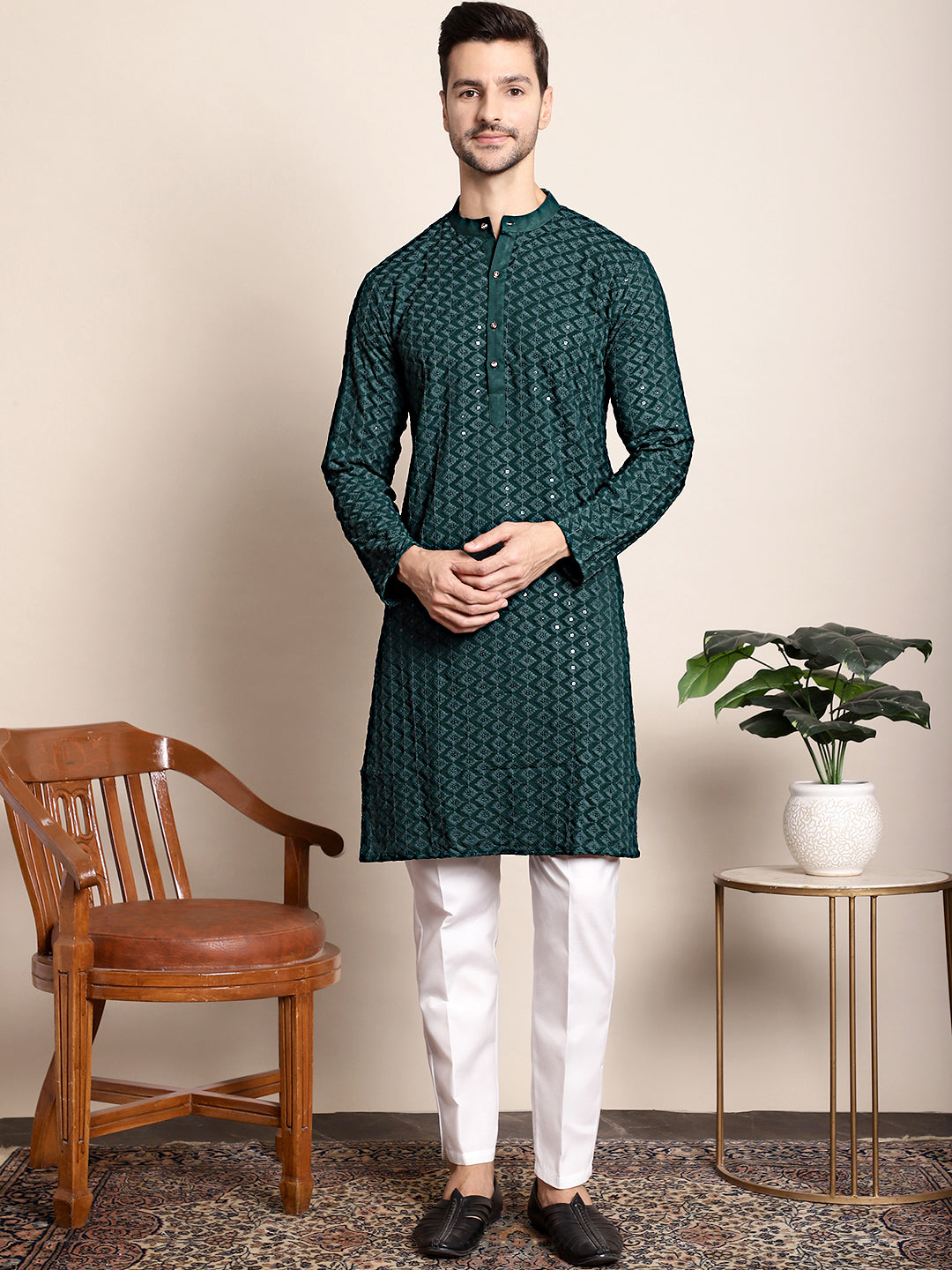 Embroidered Ethnic Kurtas ( RANMKO 109Olive )