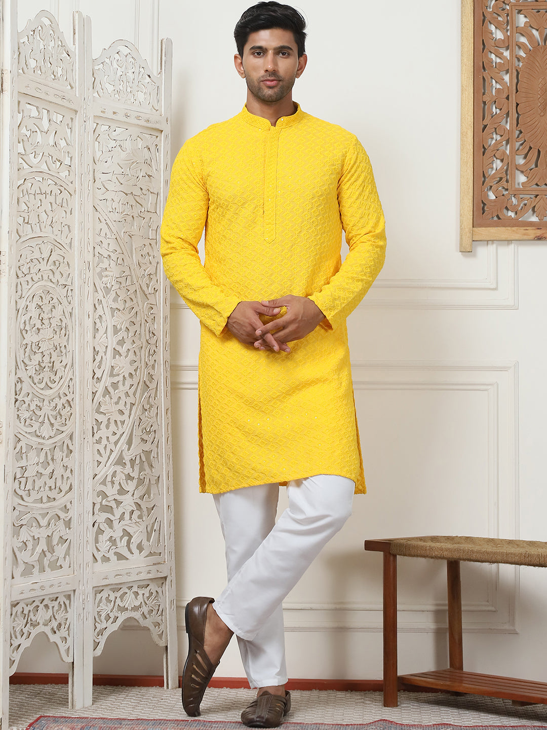Embroidered Ethnic Kurtas ( RANMKO 109Yellow )