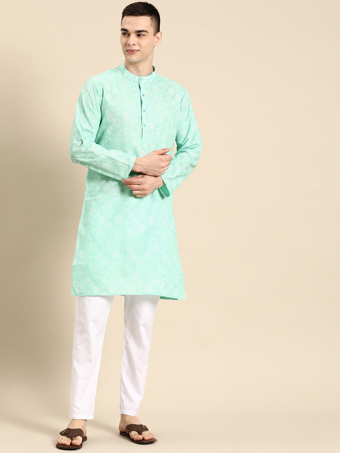 Men's Printed Cotton Blend Kurta Pyjama Set ( ANMKP 117Geen ) [RT] [ M1 ]