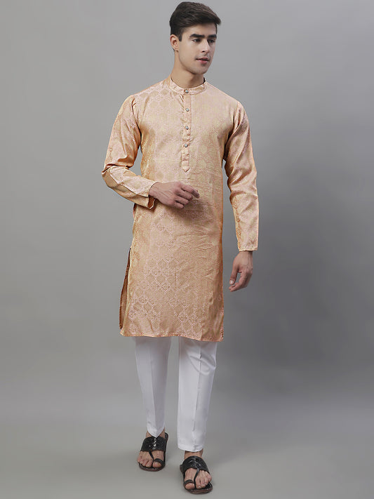 Men's Woven Design Kurtas ( ANMKO 118Peach )