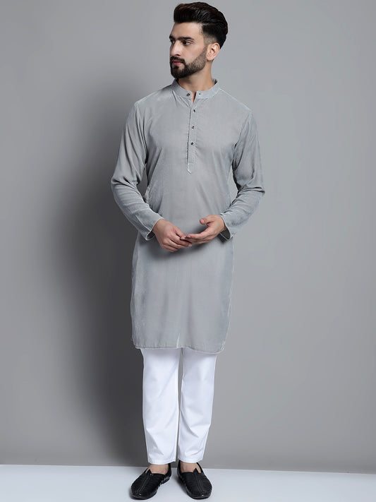 Men's Velvet Solid Kurtas ( ANMKO 125Grey )