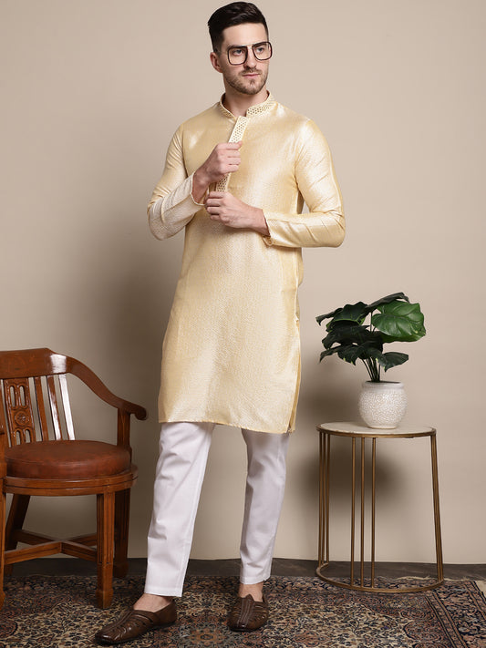 Collar Embroidered Woven Design Kurtas ( ANMKO 129Cream )  [RT] [P-14]