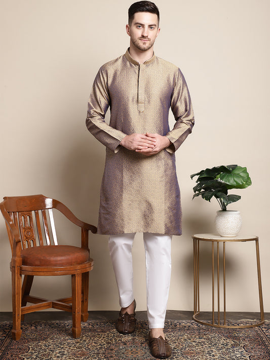 Collar Embroidered Woven Design Kurtas ( ANMKO 129Golden )  [RT] [P-14]
