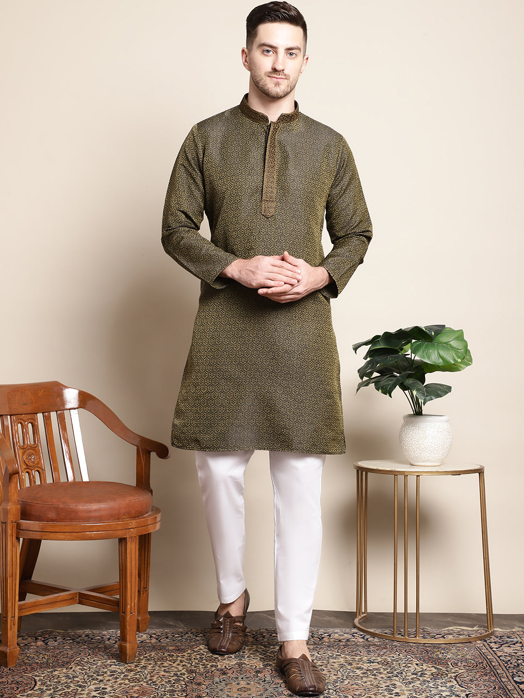 Collar Embroidered Woven Design Kurtas ( ANMKO 129Mehndi )  [RT] [P-14]