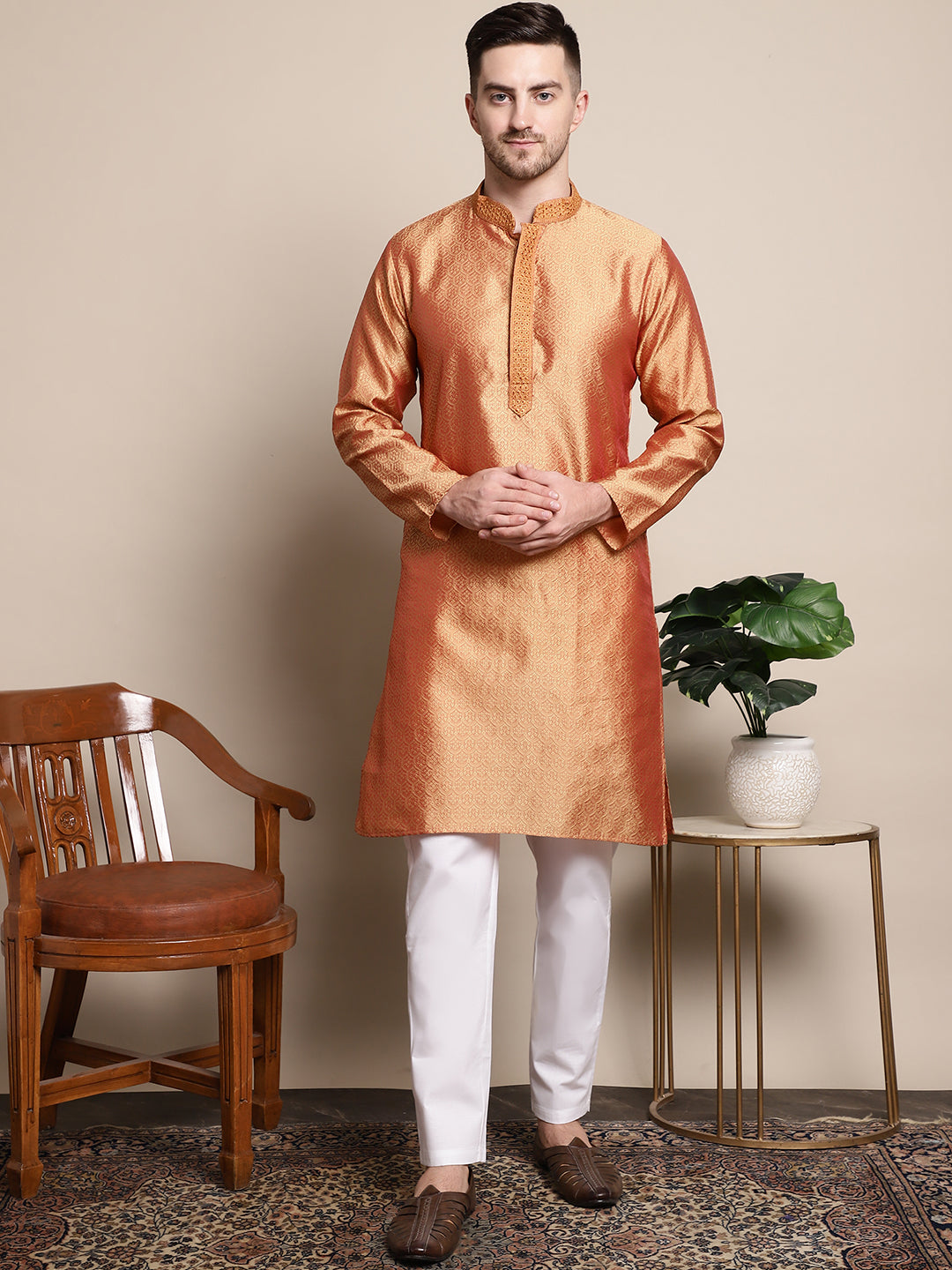 Collar Embroidered Woven Design Kurtas ( ANMKO 129Orange )  [RT] [P-14]