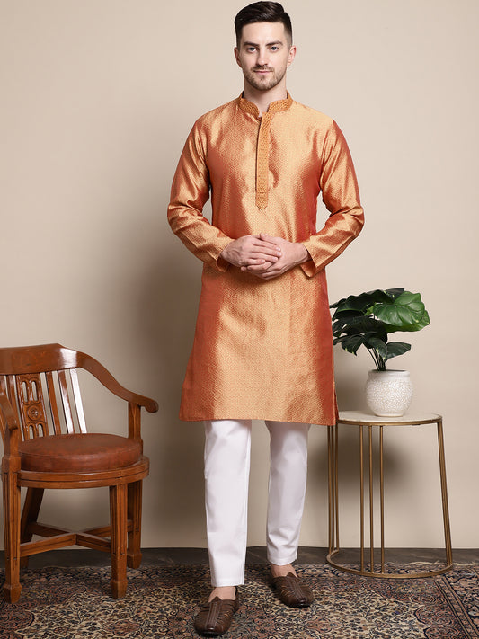 Collar Embroidered Woven Design Kurtas ( ANMKO 129Orange )  [RT] [P-14]