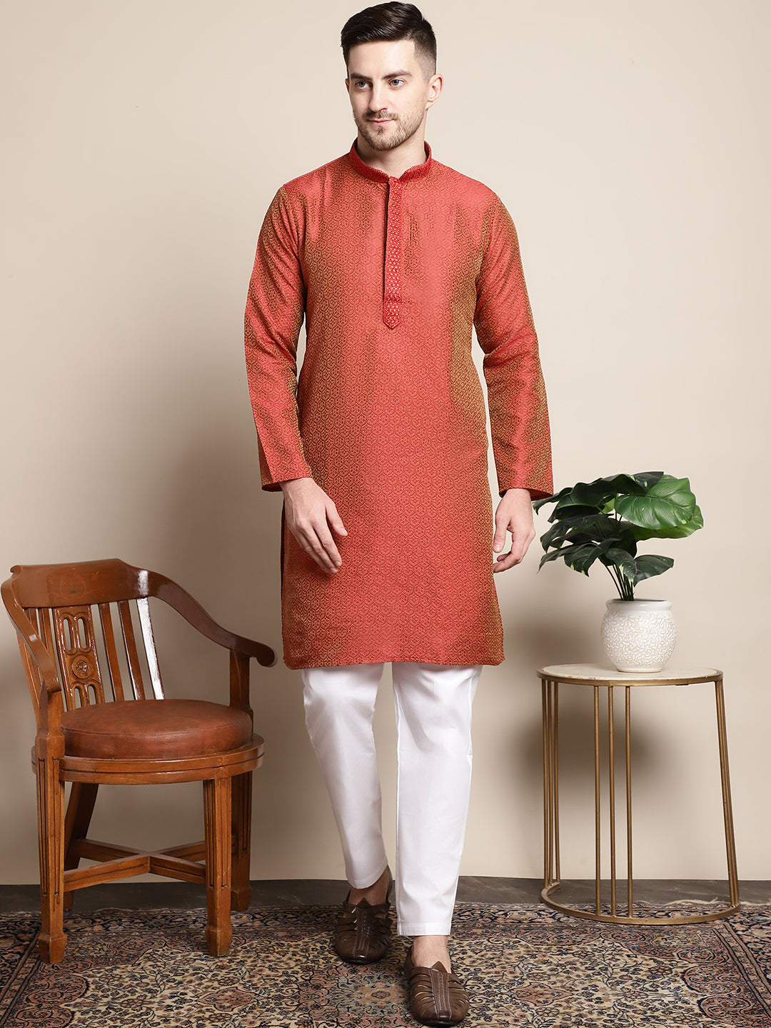 Collar Embroidered Woven Design Kurtas ( ANMKO 129Red )  [RT] [P-14]