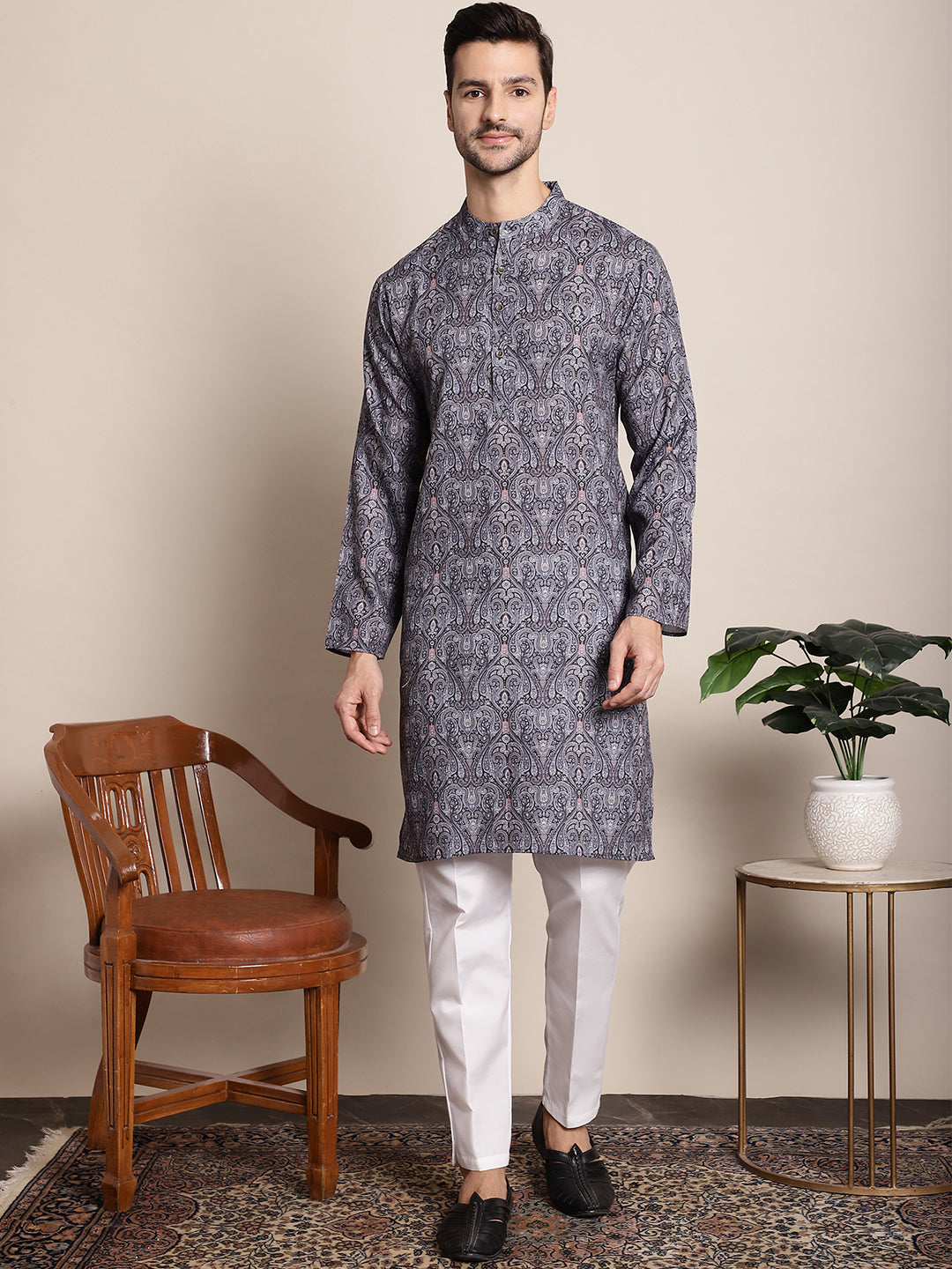 Printed paisley Festive Kurta for Men ( AAMKKO 132Grey )