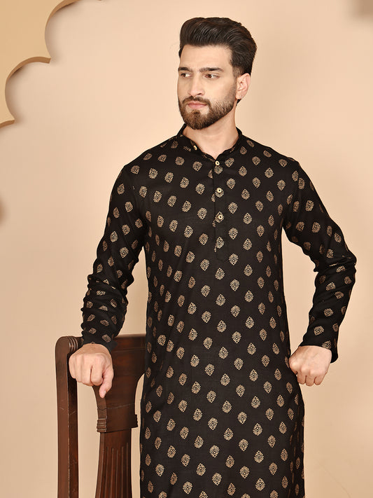 Traditional Foil Print Kurtas ( RANMKO 133Black )