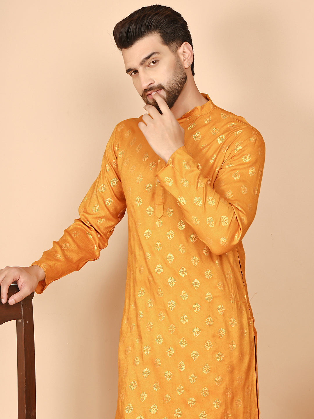 Traditional Foil Print Kurtas ( RANMKO 133Mustard )