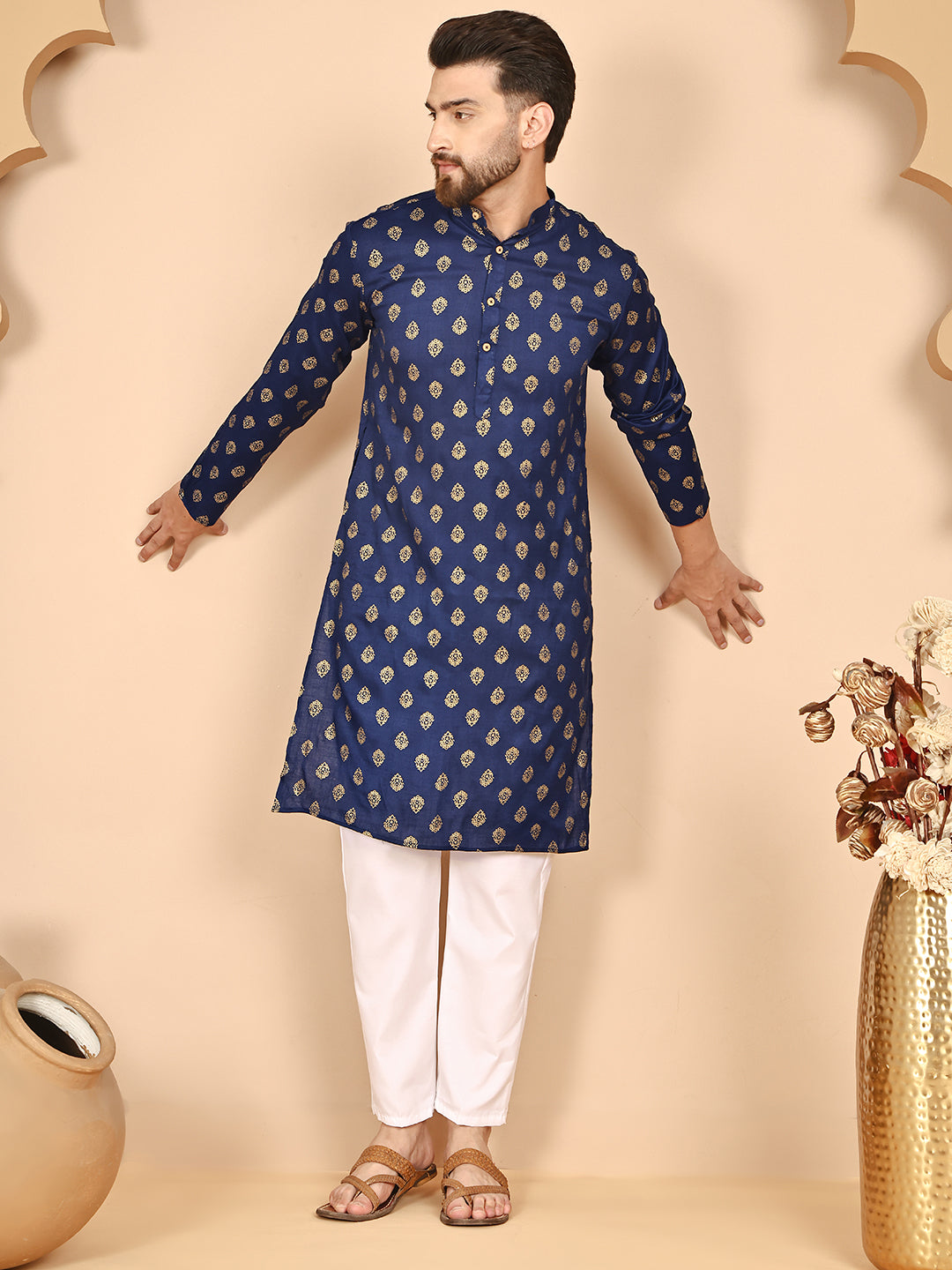Traditional Foil Print Kurtas ( RANMKO 133Navy )