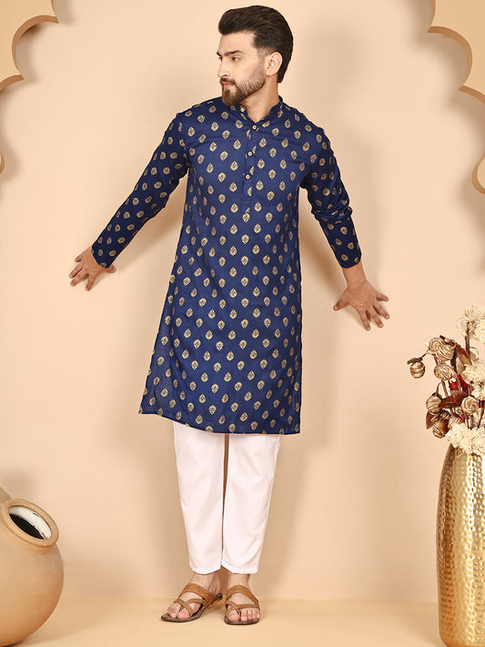 Traditional Foil Print Kurtas ( RANMKO 133Navy )