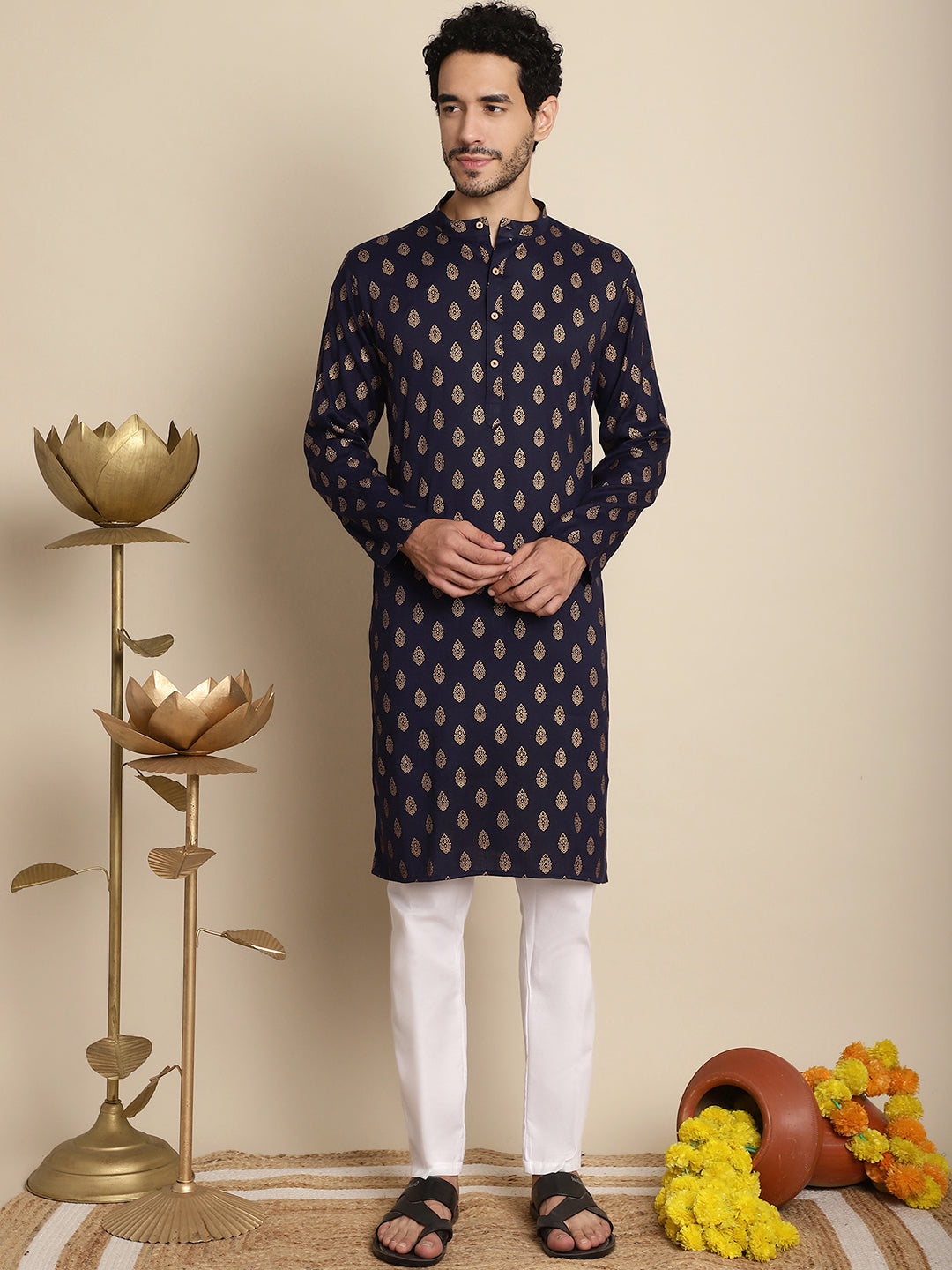Traditional Foil Print Kurtas ( RANMKO 133Navy )