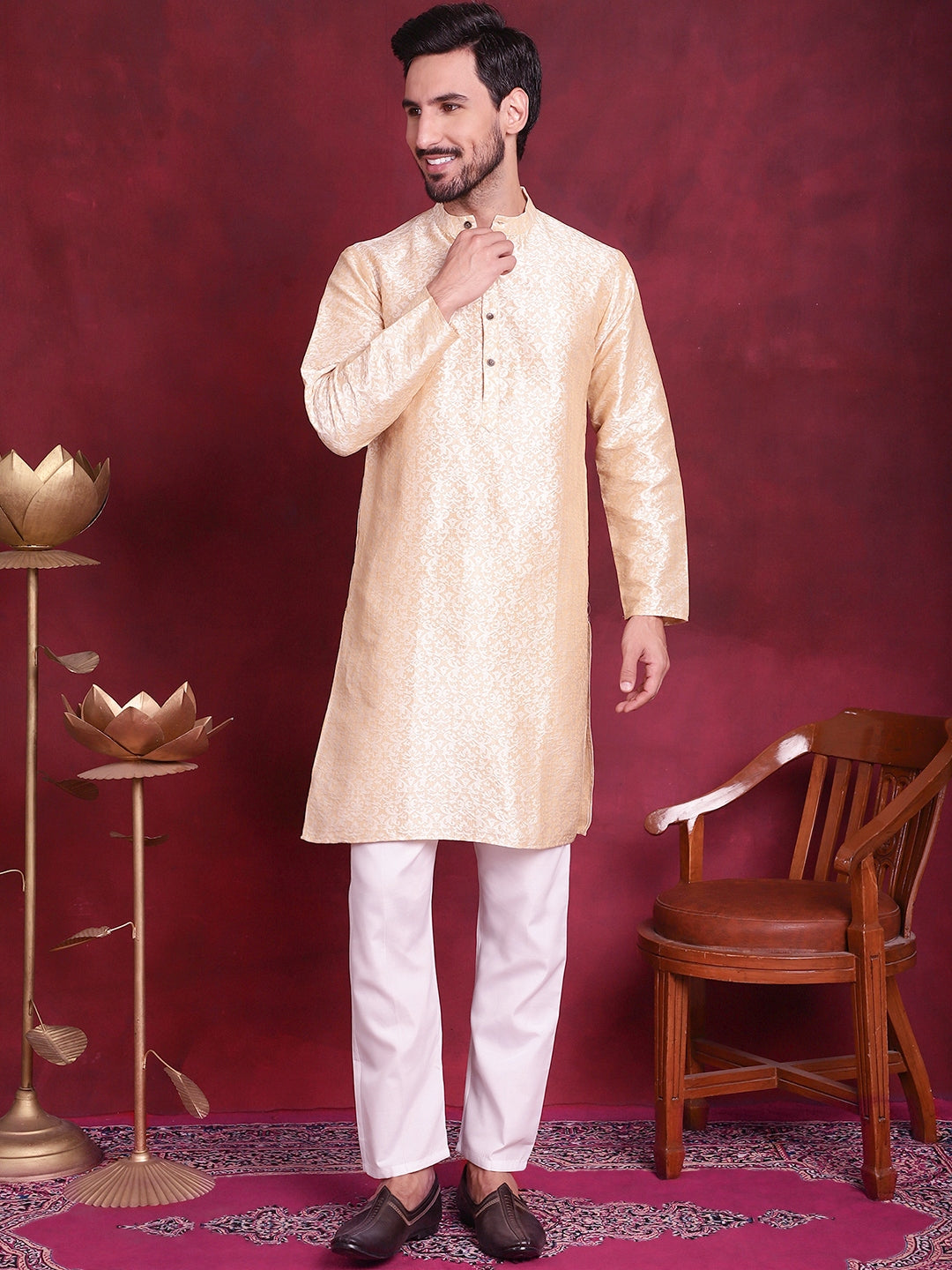 Men's Woven Design Kurtas ( ANMKO 138Golden )