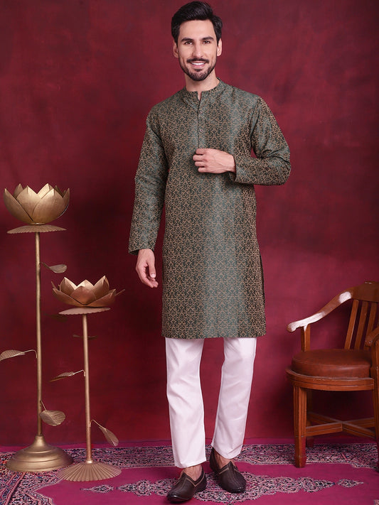 Men's Woven Design Kurtas ( ANMKO 138Olive )