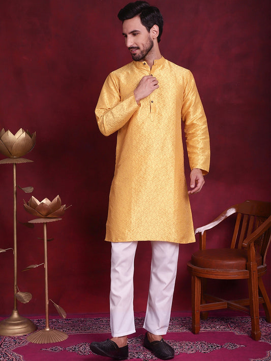 Men's Woven Design Kurtas ( ANMKO 138Yellow )