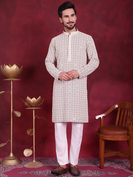Men's Sequins Embroidered Kurtas ( ANMKO 141Beige )