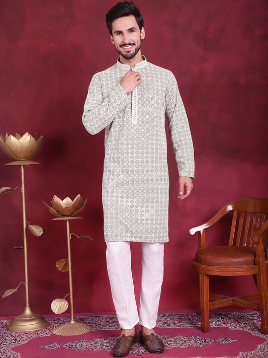 Men's Sequins Embroidered Kurtas ( ANMKO 141Green )