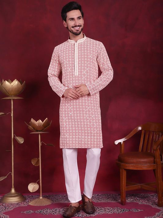 Men's Sequins Embroidered Kurtas ( ANMKO 141Peach )
