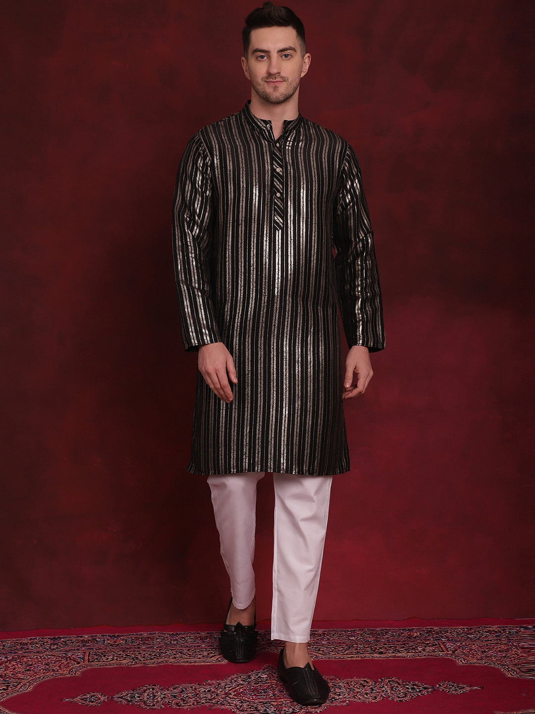 Men's Striped Cotton Kurtas ( ANMKO 142Black ) [RT] [ O1 ]