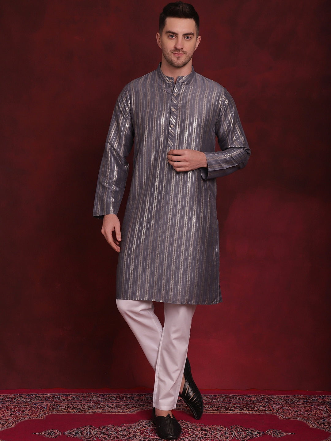 Men's Striped Cotton Kurtas ( ANMKO 142Grey ) [RT] [ O1 ]